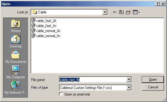 Open dialog showing cable_fast and cable_normal .ccs files