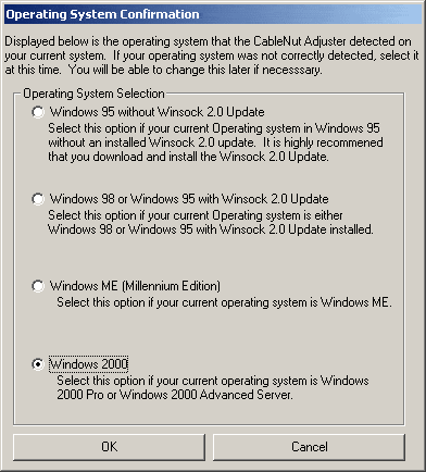 CableNut Operating System Confirmation dialog listing Windows 95, 98, ME and 2000