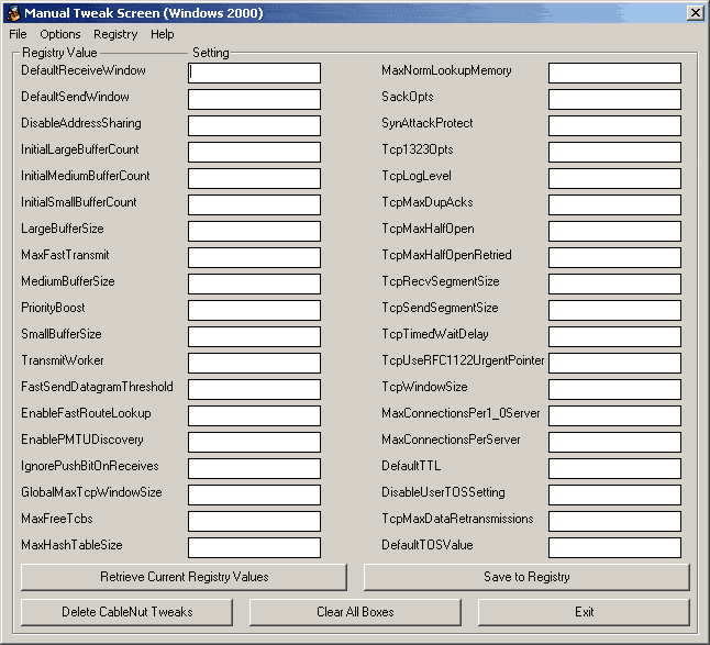 CableNut Manual Tweak Screen for Windows 2000 listing dozens of registry values